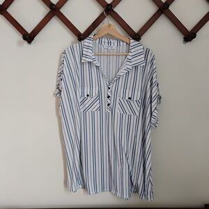 Striped White and Navy Button-Accent V-Neck Blouse Womens top